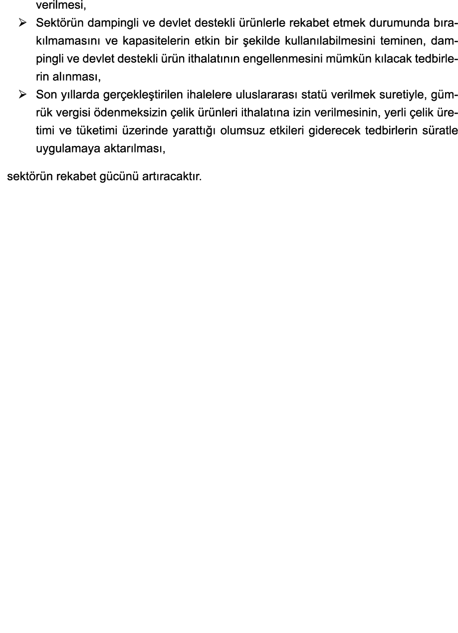 verilmesi,   Sektörün dampingli ve devlet destekli ürünlerle rekabet etmek durumunda bırakılmamasını ve kapasitelerin   
